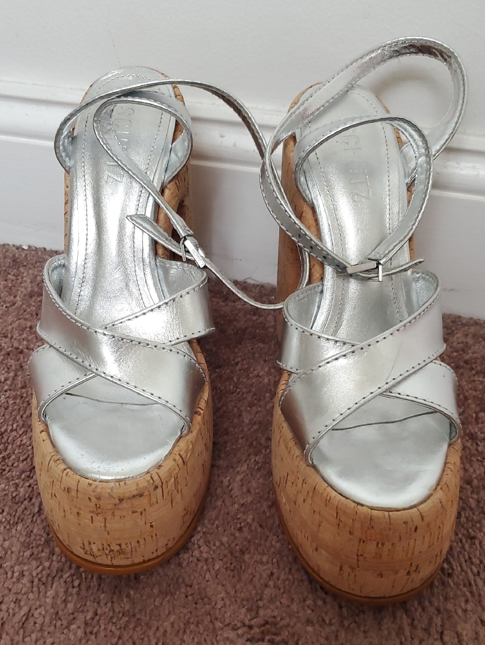 Schutz Silver Platform Cork Platform Sandals